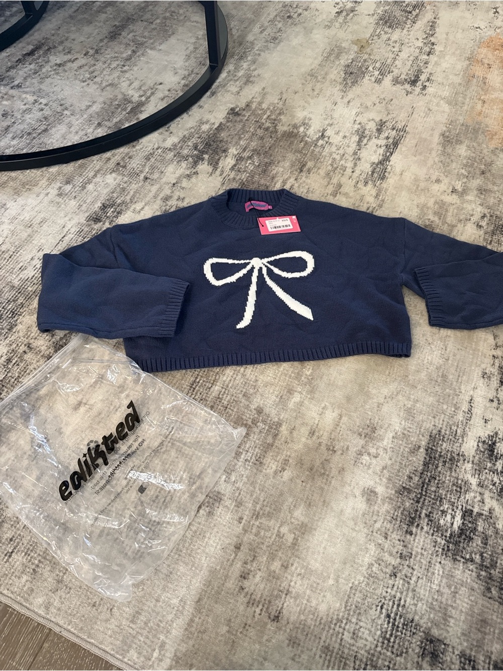 Edikted Navy Cropped Crewneck Sweater with White Bow